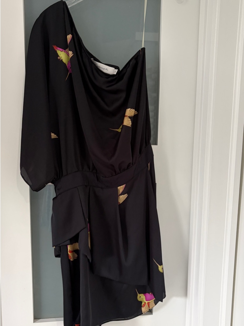 Asymmetric One-Shoulder Mini Dress in Black with Floral Accents